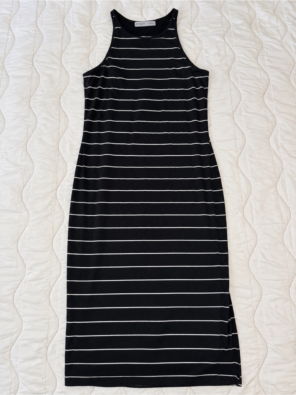 Athleta Black White Striped Midi Dress Size M Sleeveless Stretch